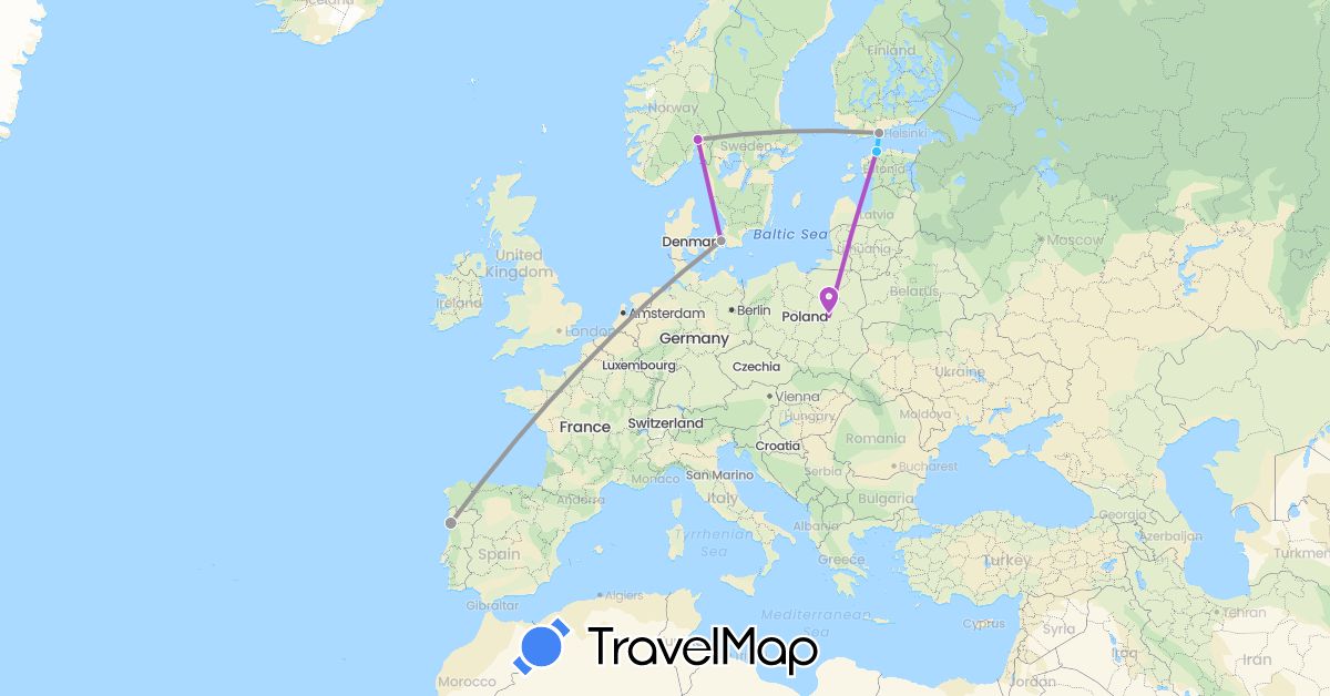 TravelMap itinerary: driving, plane, train, boat in Denmark, Estonia, Finland, Norway, Poland, Portugal (Europe)